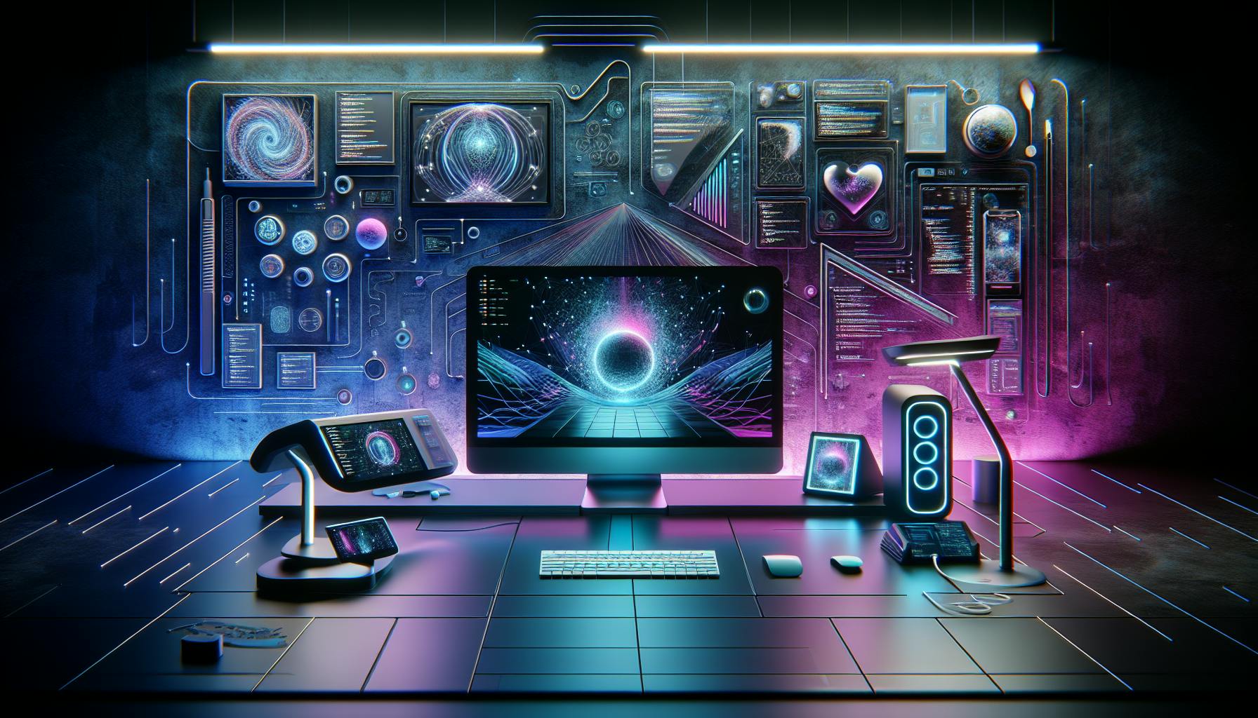 Neon workstation with dashboards